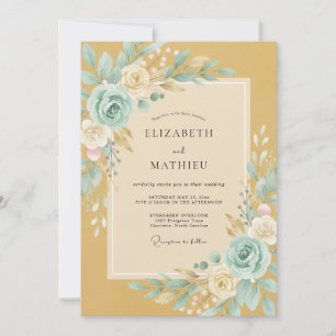 Gold Türkis Romantische Blumige Hochzeit Einladung