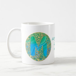 Gold, Türkisbuchstaben M und farbenfrohe Blume Kaffeetasse