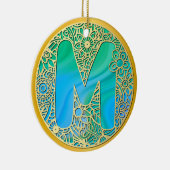 Gold, Türkisbuchstaben M und farbenfrohe Blume Keramik Ornament (Rechts)