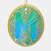 Gold, Türkisbuchstaben M und farbenfrohe Blume Keramik Ornament (Links)