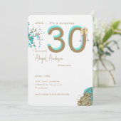 Gold & Turquoise Glam Surprise 30th Birthday Party Einladung (Stehend Vorderseite)