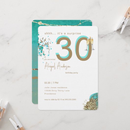 Gold & Turquoise Glam Surprise 30th Birthday Party Einladung (Vorderseite/Rückseite Beispiel)