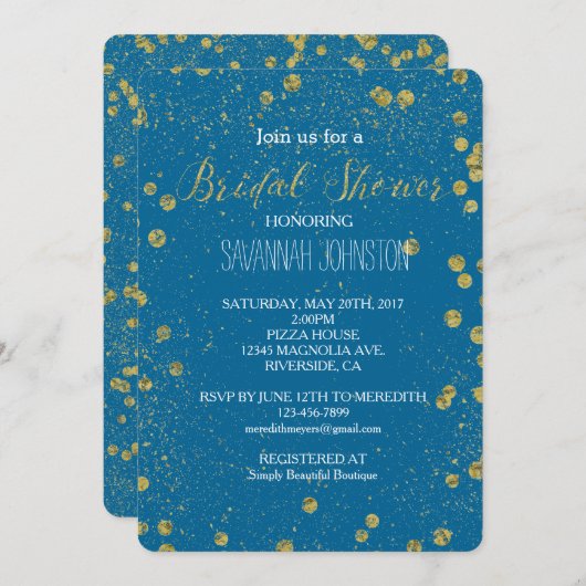 Gold Turquoise Glittery Confetti Brautparty Einladung (Vorne/Hinten)