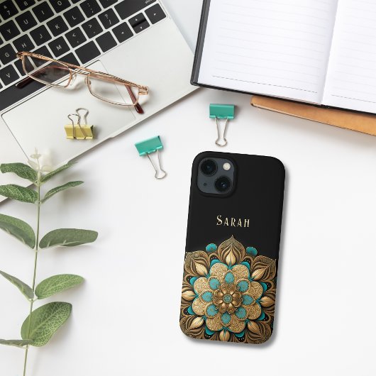 Gold Turquoise Lotus Flower Black Case-Mate iPhone Hülle