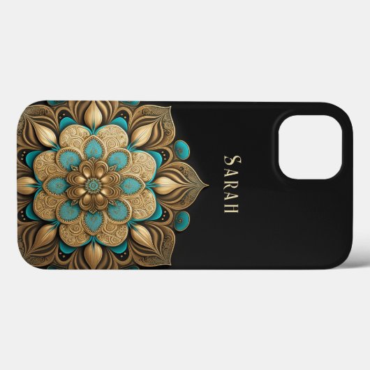 Gold Turquoise Lotus Flower Black Case-Mate iPhone Hülle (Rückseite (Horizontal))