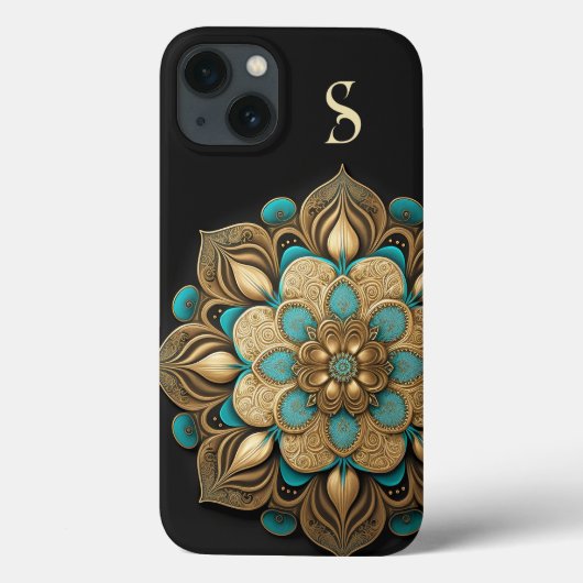 Gold Turquoise Lotus Flower Black Monogram Case-Mate iPhone Hülle (Rückseite)
