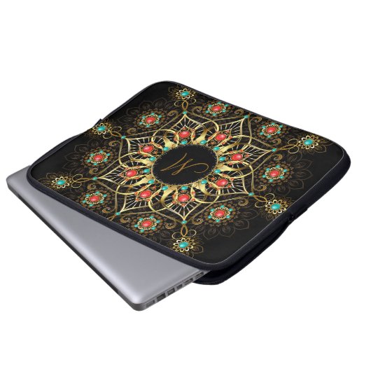 Gold Turquoise Red Mandala Monogram Laptopschutzhülle (Vorne Knopf)