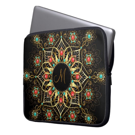 Gold Turquoise Red Mandala Monogram Laptopschutzhülle (Vorderseite Links)