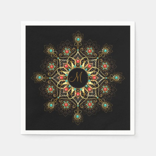 Gold Turquoise Red Mandala Monogram Napkins Serviette (Vorderseite)