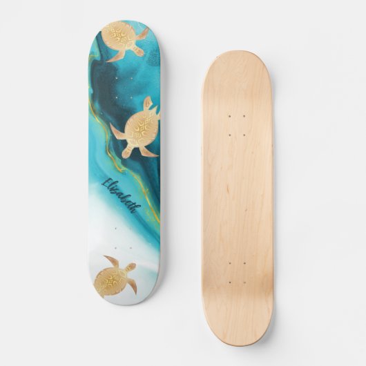 Gold Turtle Tribal Aquamarin Tinte Agate Monogramm Skateboard (Vorderseite)