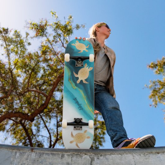 Gold Turtle Tribal Teal Ink Agate Monogram. Skateboard (Außenbereich 1)