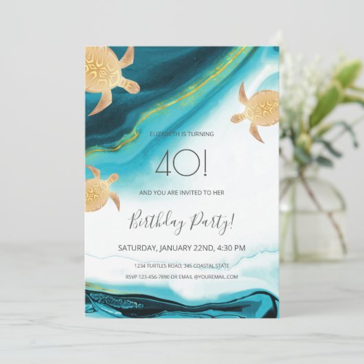 Gold Turtles Beach | Geburtstag Einladung (Stehend Vorderseite)