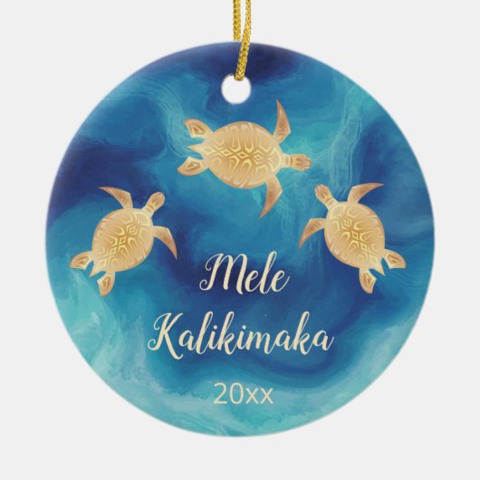 Gold Turtles Blue | Hawaiianische Weihnachten Keramik Ornament (Vorne)