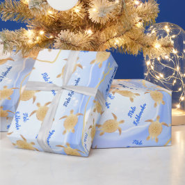 Gold Turtles Blue Ink | Mele Kalikimaka Weihnachte Geschenkpapier