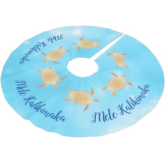 Gold Turtles Mele Kalikimaka Blue Bokeh Polyester Weihnachtsbaumdecke (Schrägansicht)