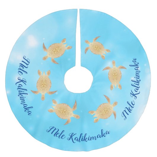 Gold Turtles Mele Kalikimaka  Blue Bokeh Polyester Weihnachtsbaumdecke (Vorderseite)
