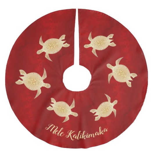 Gold Turtles Mele Kalikimaka Red Polyester Weihnachtsbaumdecke (Vorderseite)
