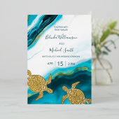 Gold Turtles Teal Ink Agate Wedding   Folieneinladung (Stehend vorne)