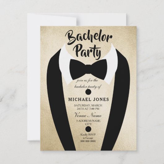 Gold Tuxedo Bow Krawatte Bachelor Party Einladung (Vorderseite)