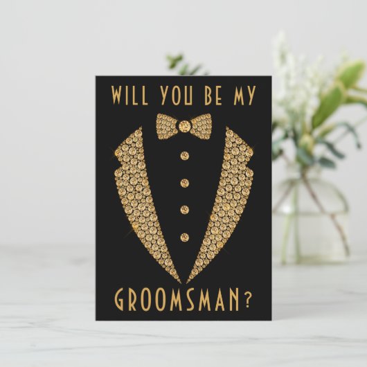 Gold Tuxedo wird mein Trauzeuge sein Einladung (Stehend Vorderseite)