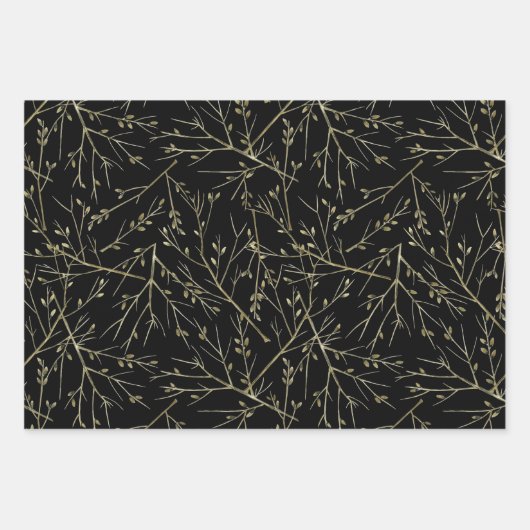 Gold Twigs auf schwarz Geschenkpapier Set (Vorderseite)