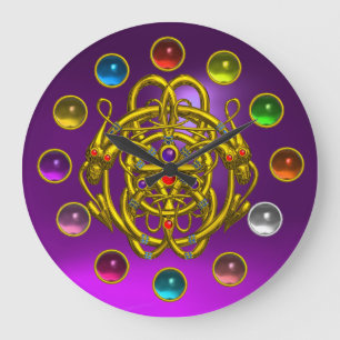 GOLD TWIN DRAGONS DRUCKTE FARBEN GEMSTONS GROßE WANDUHR