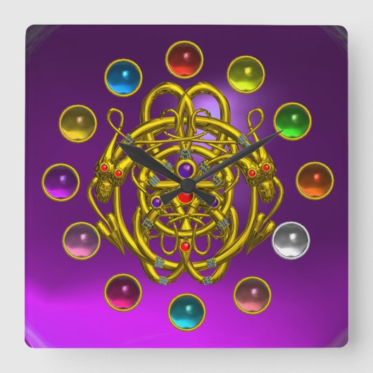 GOLD TWIN DRAGONS DRUCKTE FARBEN GEMSTONS QUADRATISCHE WANDUHR (Vorderseite)