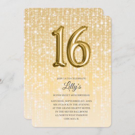 Gold Twinkle Lights und Foil Balloon 16. Geburtsta Einladung (Vorne/Hinten)