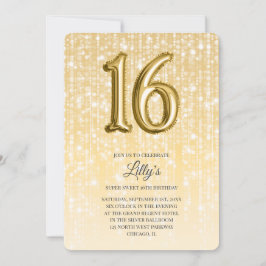 Gold Twinkle Lights und Foil Balloon 16. Geburtsta Einladung