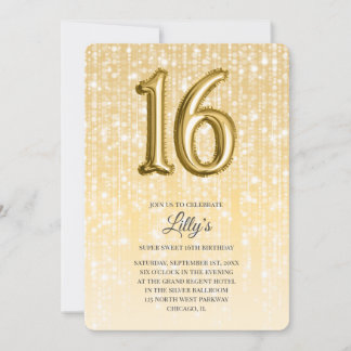 Gold Twinkle Lights und Foil Balloon 16. Geburtsta Einladung