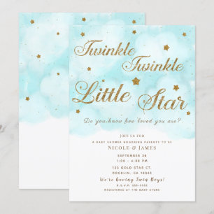 Gold Twinkle Stars & Blue Sky Clouds Baby Dusche Einladung