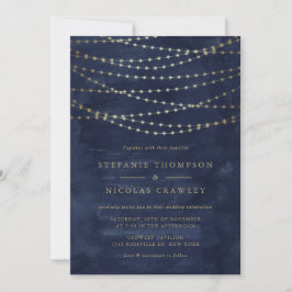 Gold Twinkle String Lights Wassercolor Blue Weddin Einladung