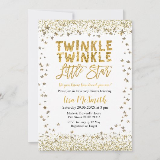 Gold Twinkle Twinkle Little Star Baby Dusche Einladung (Vorderseite)