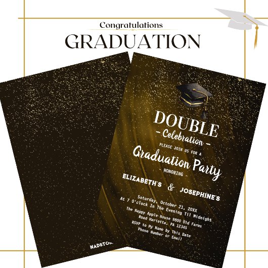 Gold Two Graduates Double Graduation Party 2025 Einladung