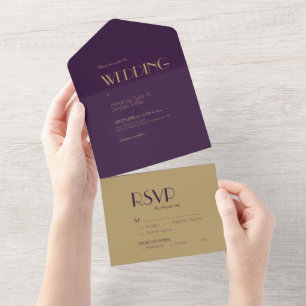 Gold Typ Deco Dunkle Purpur Hochzeit All In One Einladung