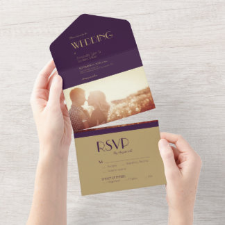 Gold Type Deco | Dunkelviolette Foto-Hochzeit All In One Einladung