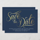 Gold Typo Modern Blue Save The Date Card Einladung (Vorne/Hinten)