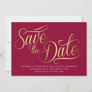 Gold Typo Moderne Burgunder Save The Date Karte