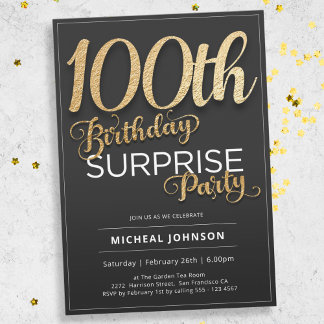 Gold Typografie Custom Surprise 100. Geburtstag Einladung