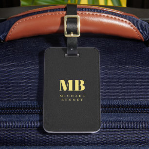 Gold Typografie Elegantes Monogram Black Leather Gepäckanhänger