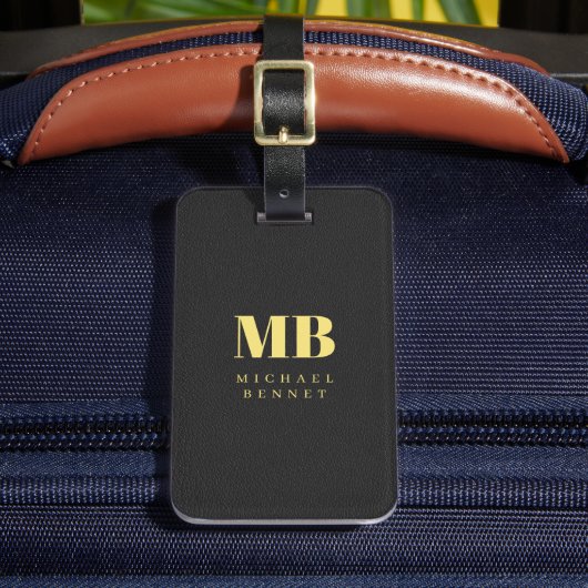 Gold Typografie Elegantes Monogram Black Leather Gepäckanhänger (Vorderseite Insitu 2)