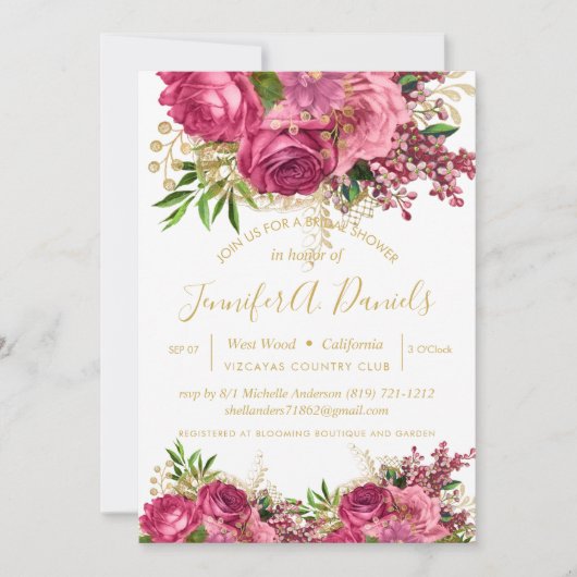 Gold Typografie Script Floral Rose Brautparty Einladung (Vorderseite)