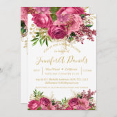 Gold Typografie Script Floral Rose Brautparty Einladung (Vorne/Hinten)