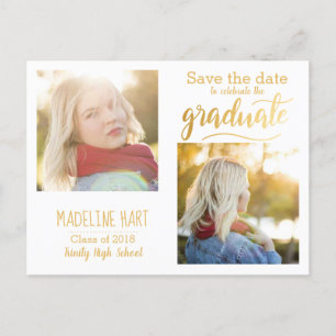 Gold Typografy Graduate   Save the Date zwei Fotos Postkarte