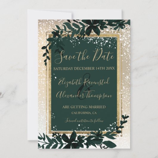 gold typography leaf snow elegant winter wedding save the date (Vorderseite)