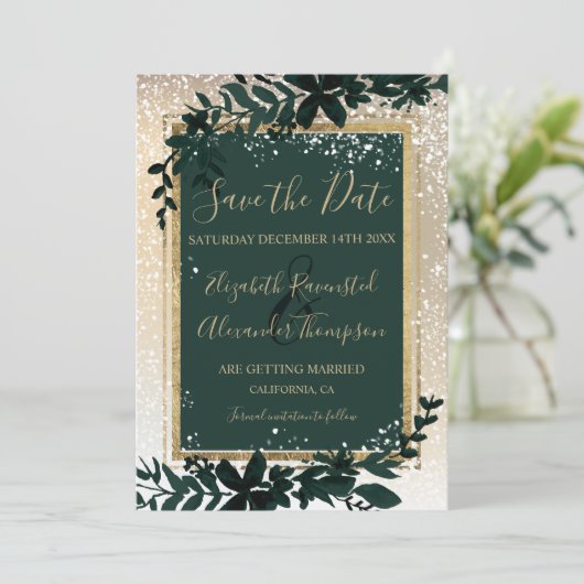 gold typography leaf snow elegant winter wedding save the date (Stehend Vorderseite)