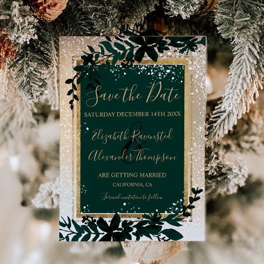 gold typography leaf snow elegant winter wedding save the date