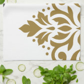 Gold u. Grau der Rolle-Damast-Kunst-I auf Weiß Geschirrtuch (Gefaltet)