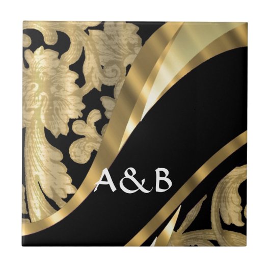 Gold u. schwarzer Damaststrudel Fliese (Vorderseite)