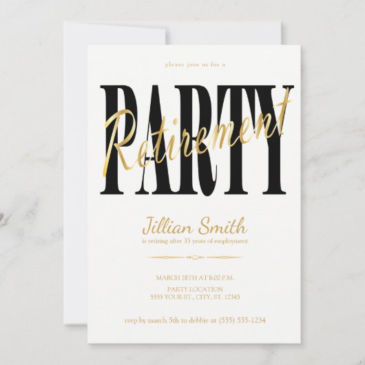 Gold u. Schwarzes, moderne Ruhestands-Party Einladung (Vorderseite)